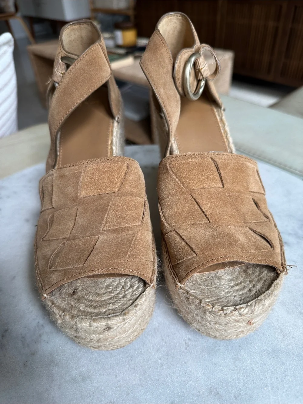 Suede Espadrille Wedge Sandals in Tan with Ankle Strap